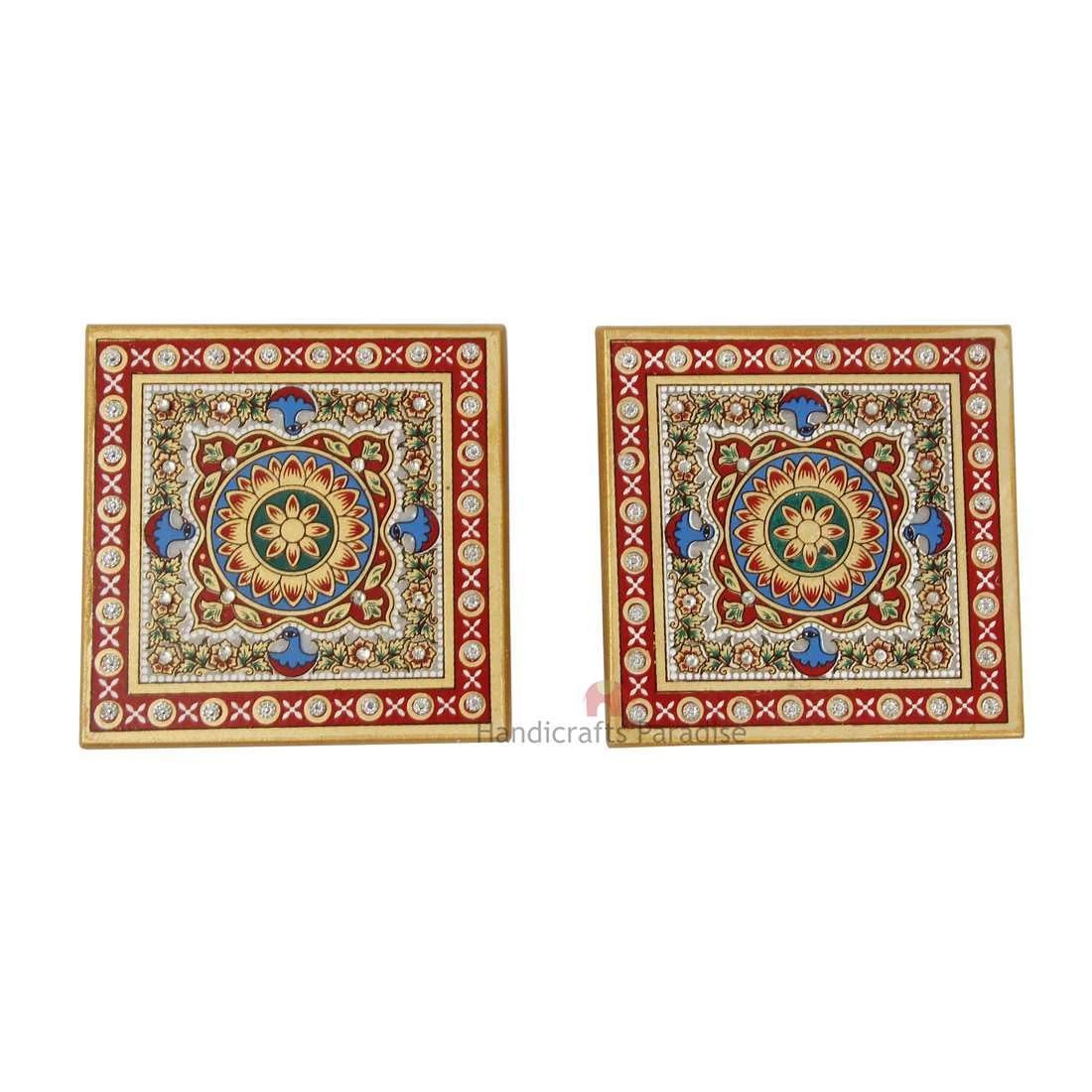 Handicrafts Paradise (4 x 4 inch, Set of 2Pc) Intricate Floral Painted Marble Chowki (Multicolour) Idols Statues Pratima, Bajot for God, Home Mandir, Home Décor Showpiece