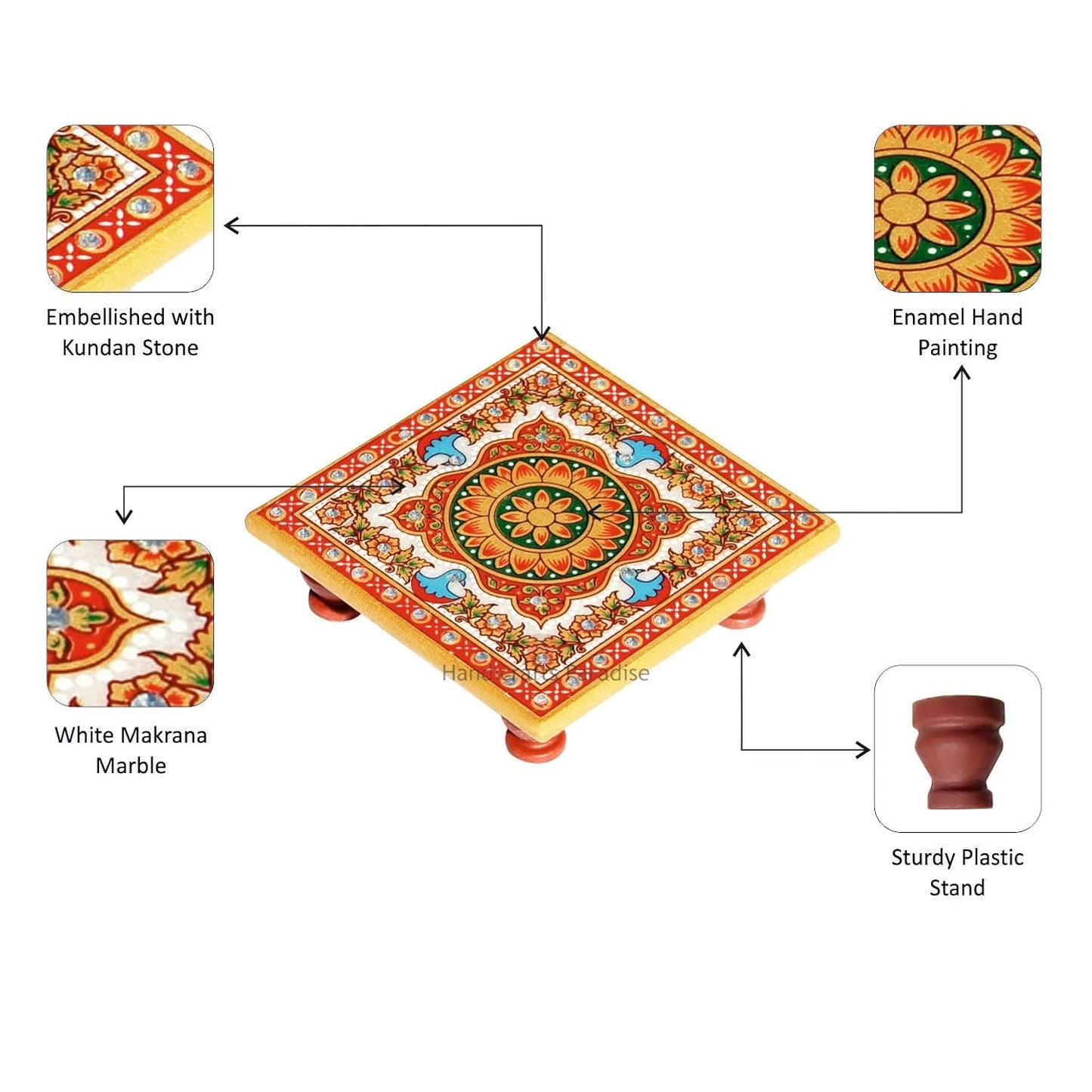 Handicrafts Paradise (4 x 4 inch, Set of 2Pc) Intricate Floral Painted Marble Chowki (Multicolour) Idols Statues Pratima, Bajot for God, Home Mandir, Home Décor Showpiece