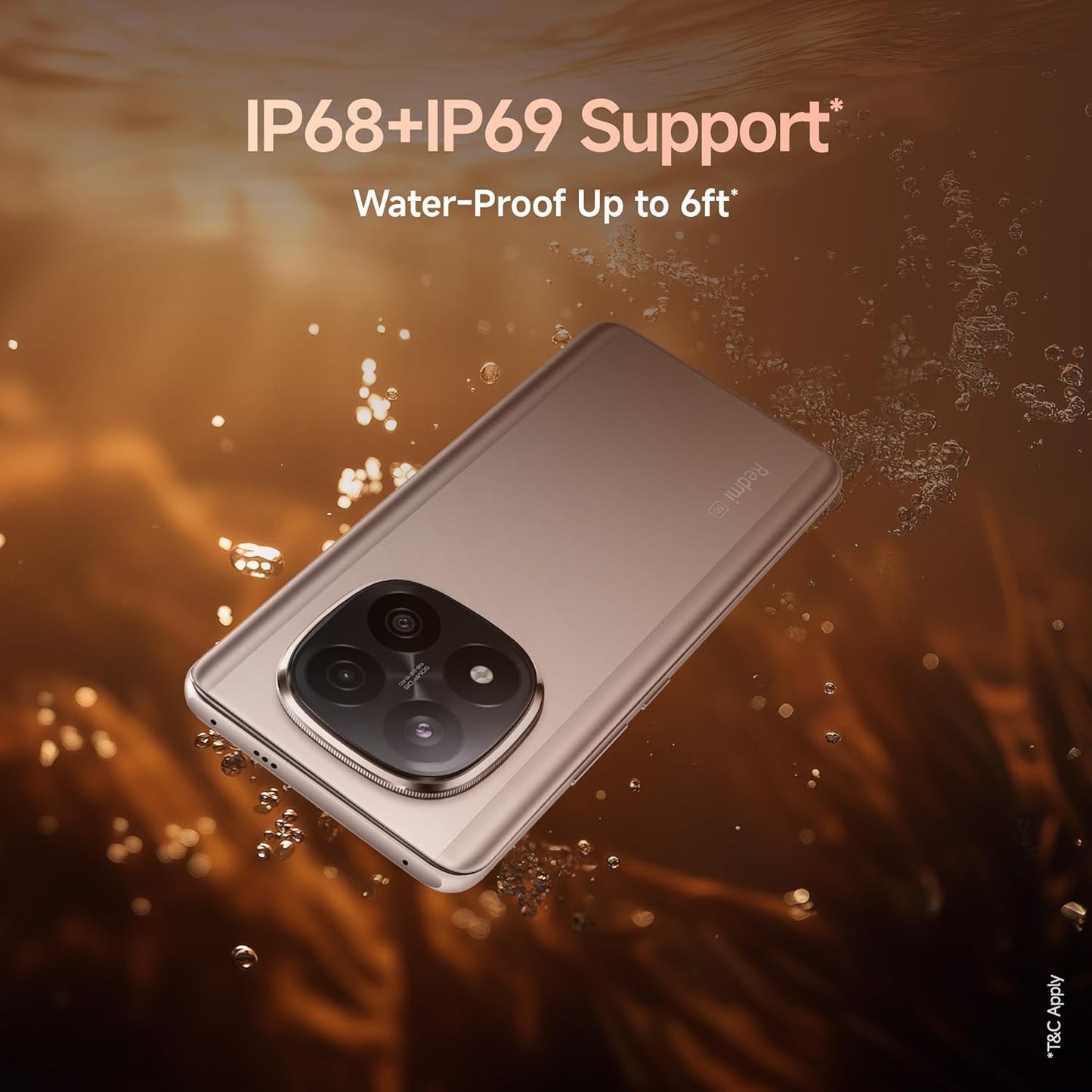 Redmi Note 14 Pro+ 5G in Champagne Gold showcasing 50 MP camera and 5-star rating.
