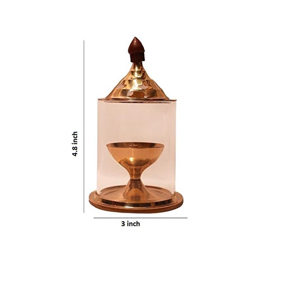 Heaven Decor Brass and Glass akhand deep Diya with Cover for Puja | Deepam Jyot Diya Oil Lamp | Pooja Articles and Pooja Items for Home Temple 4.8 inch