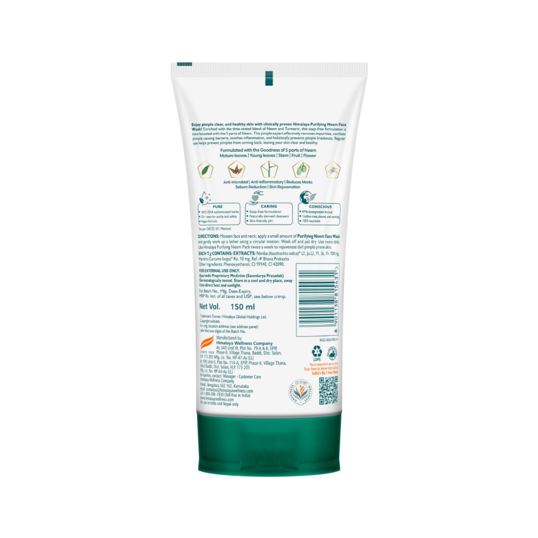 Himalaya Purifying Neem Face Wash|Clears and Prevents Pimples & Acne|Made with 5 parts of Neem|New & Best Ever clinically Proven formula|Gently Cleanses|For men and women|150 ml