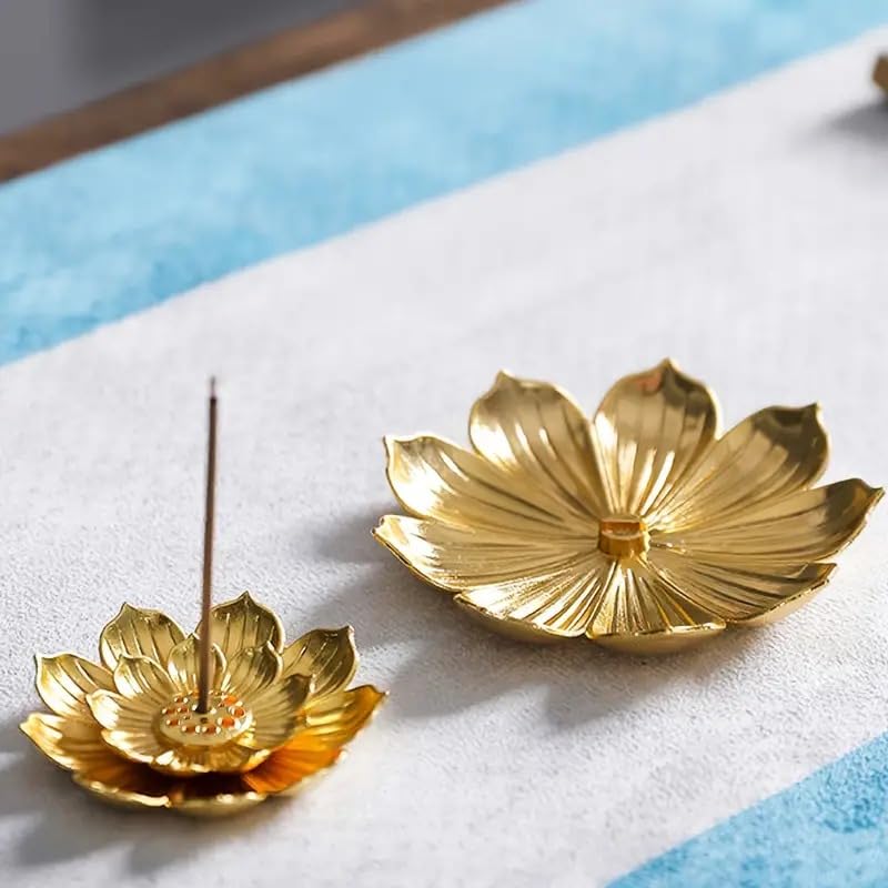 SATYAM KRAFT 1 Pcs Lotus Flower Agarbatti Stand | Golden Metal Incense Holder for Ganesh Chaturthi, Pooja Room, Mandir Decor, Festive Decoration Items for Home & Gift (Golden)