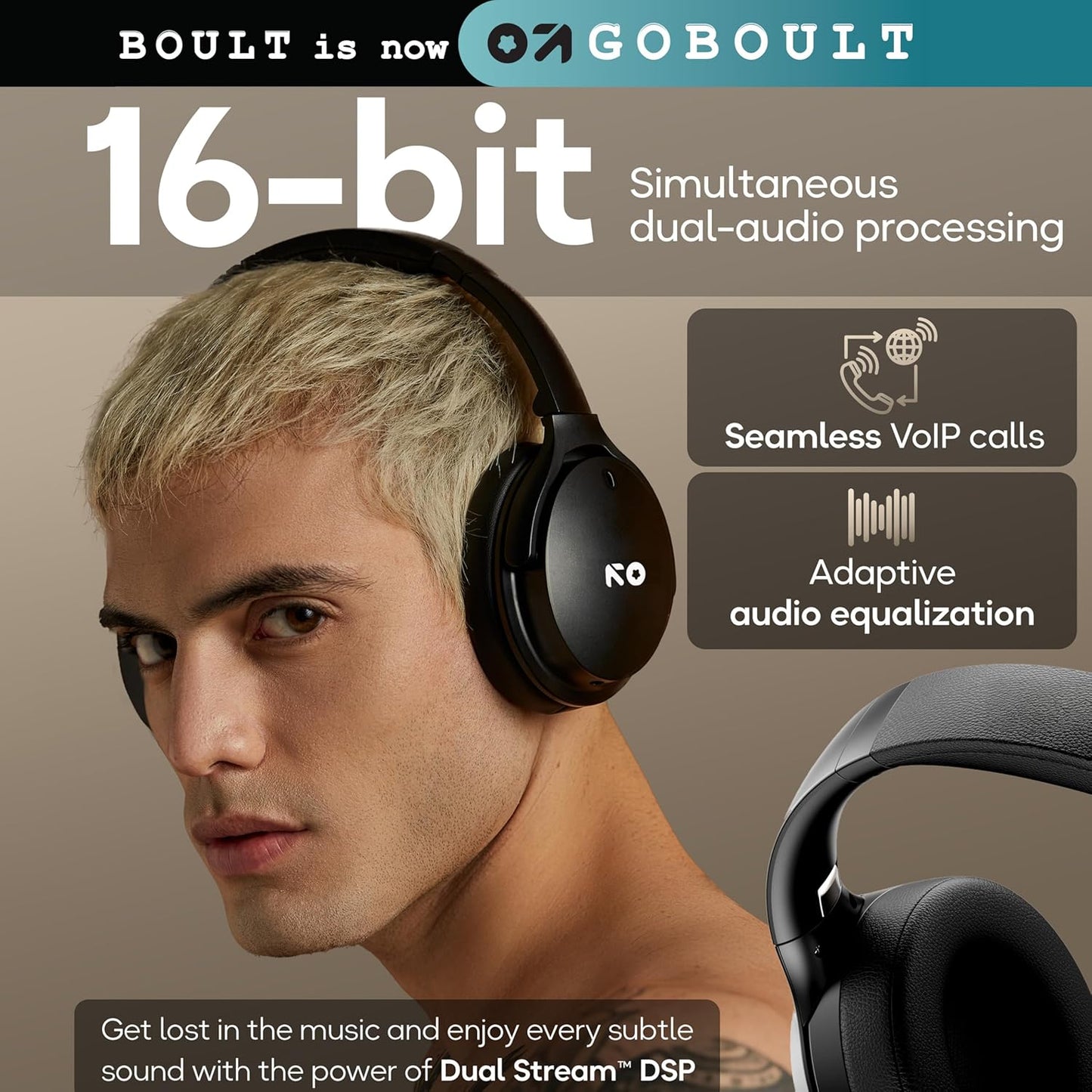 GOBOULT Q Over Ear Bluetooth Headphones with 70H Playtime, 40mm Bass Drivers, Zen™ ENC Mic, Type-C Fast Charging, 4 EQ Modes, AUX Option, IPX5 Headphones Wireless with mic (Black)