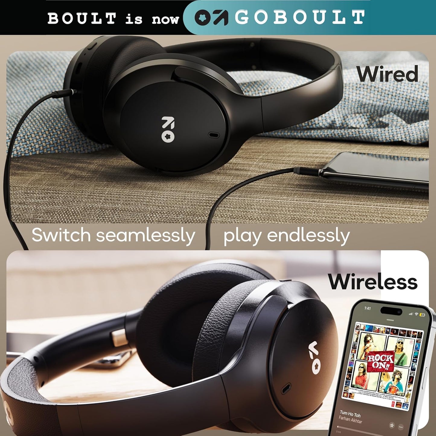 GOBOULT Q Over Ear Bluetooth Headphones with 70H Playtime, 40mm Bass Drivers, Zen™ ENC Mic, Type-C Fast Charging, 4 EQ Modes, AUX Option, IPX5 Headphones Wireless with mic (Black)