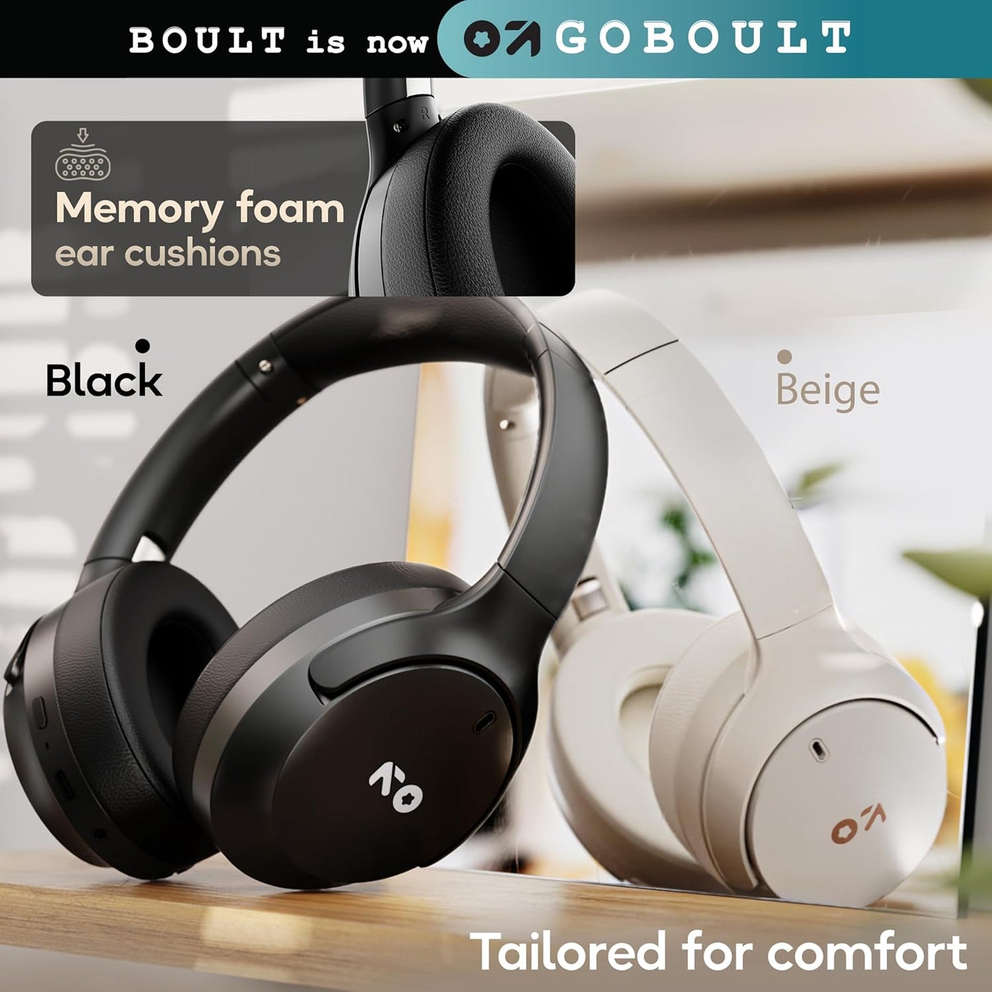 GOBOULT Q Over Ear Bluetooth Headphones with 70H Playtime, 40mm Bass Drivers, Zen™ ENC Mic, Type-C Fast Charging, 4 EQ Modes, AUX Option, IPX5 Headphones Wireless with mic (Black)