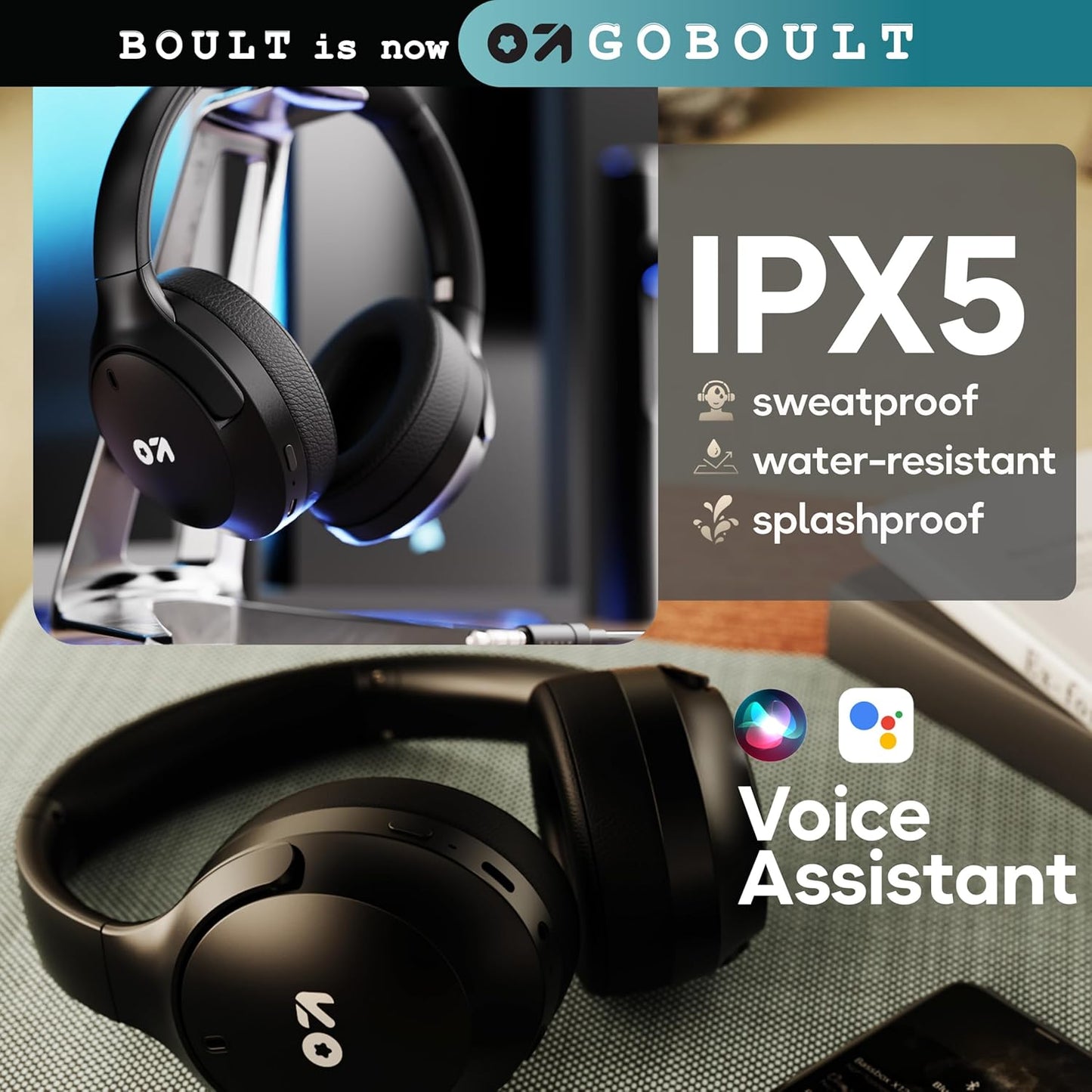 GOBOULT Q Over Ear Bluetooth Headphones with 70H Playtime, 40mm Bass Drivers, Zen™ ENC Mic, Type-C Fast Charging, 4 EQ Modes, AUX Option, IPX5 Headphones Wireless with mic (Black)