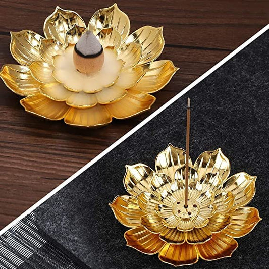 SATYAM KRAFT 1 Pcs Lotus Flower Agarbatti Stand | Golden Metal Incense Holder for Ganesh Chaturthi, Pooja Room, Mandir Decor, Festive Decoration Items for Home & Gift (Golden)