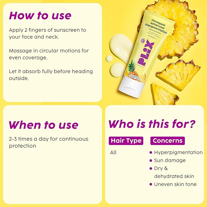 PLIX - THE PLANT FIX Pineapple Advanced Depigmentation Dewy Sunscreen SPF 50 PA++++ | Alpha Arbutin & Aquaxyl | Reduces Pigmentation, Protects from UV & Blue Light, Hydrates Skin | Vegan & Paraben-Free | 50g