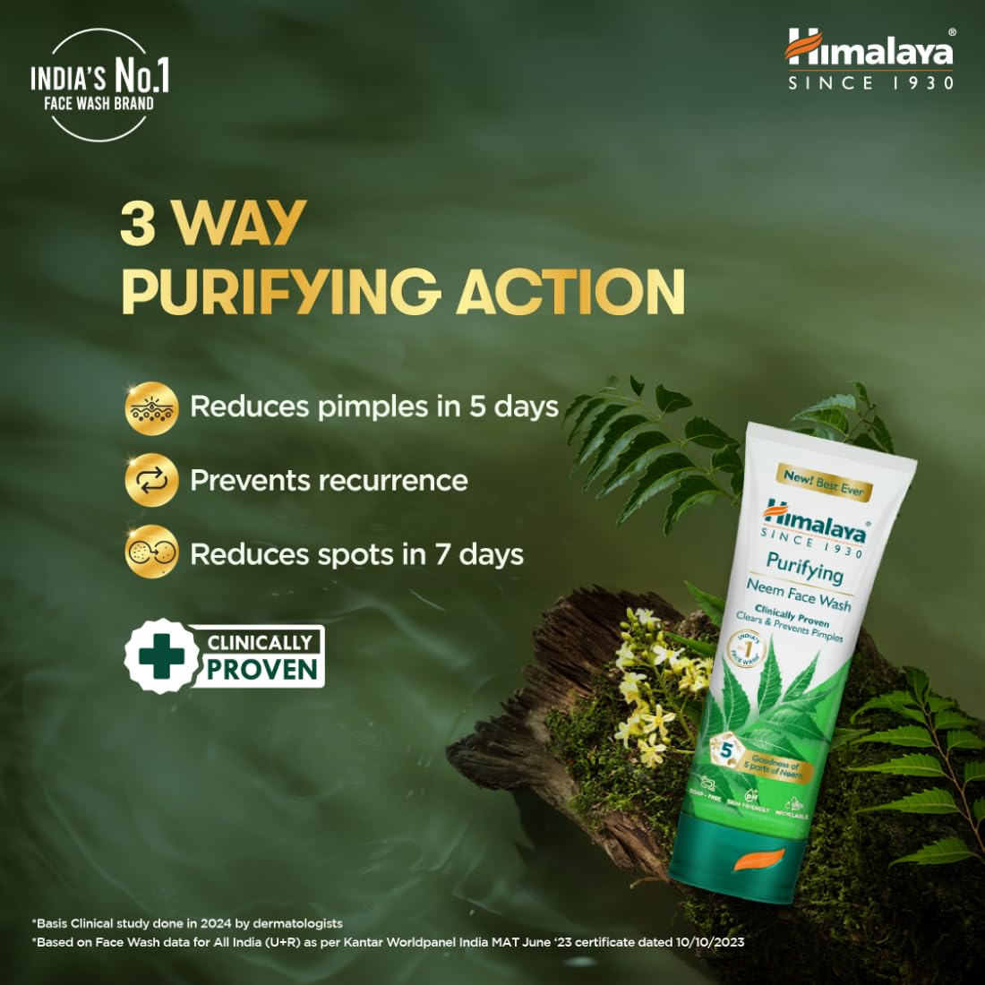 Himalaya Purifying Neem Face Wash|Clears and Prevents Pimples & Acne|Made with 5 parts of Neem|New & Best Ever clinically Proven formula|Gently Cleanses|For men and women|150 ml