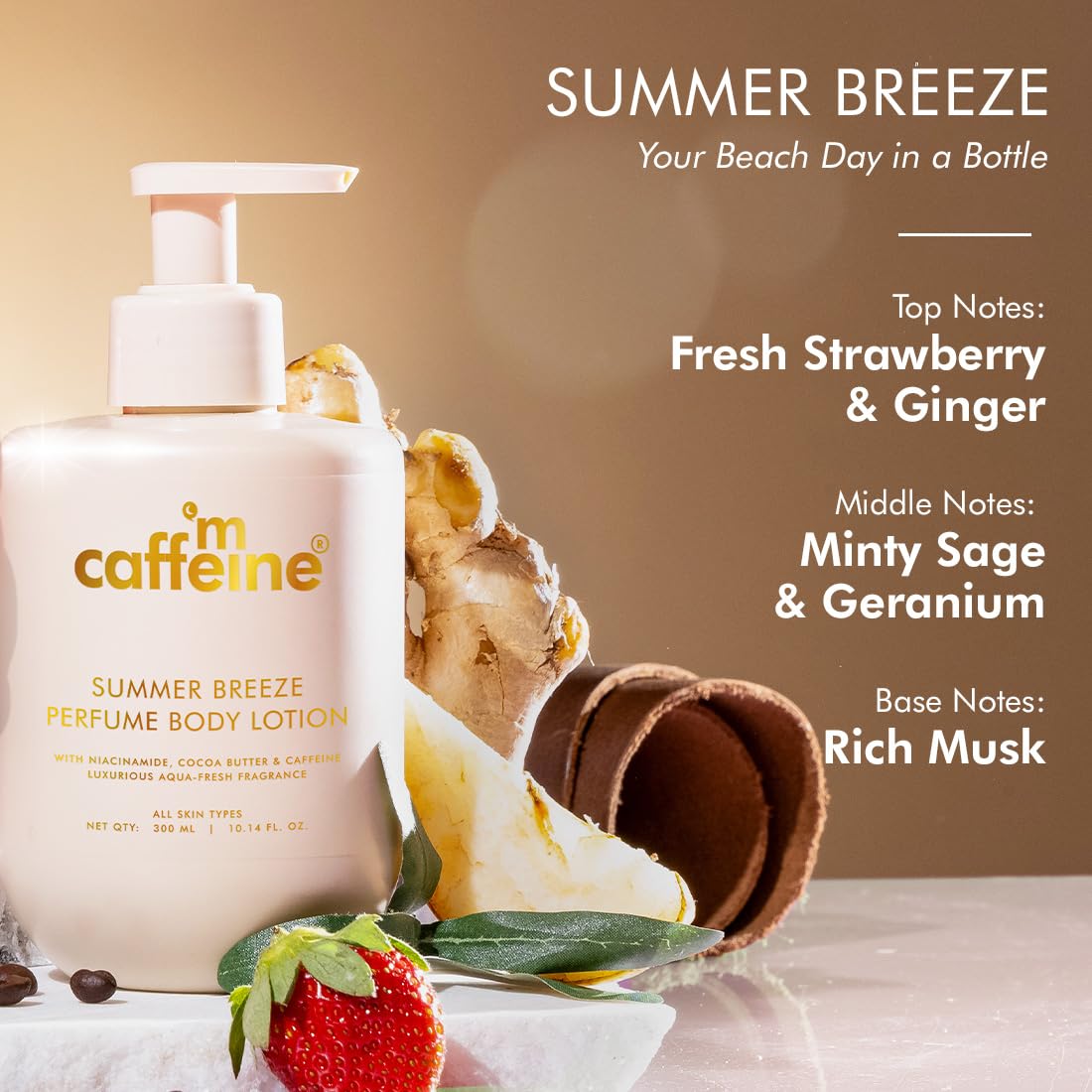 mCaffeine Summer Breeze Perfume Body Lotion| Niacinamide, Cocoa Butter & Shea Butter For Deep Moisturization | Lightweight, Non-Sticky | Aqua-Fresh Beachy Fragrance | Body Lotion For Dry Skin - 300ml