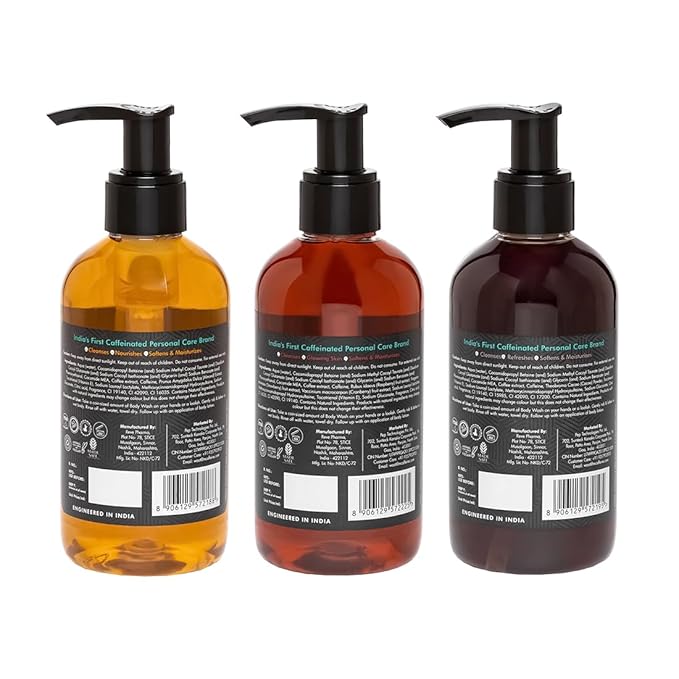 mCaffeine Coffee Body Washes for Men & Women| For Tan Removal & Deep Cleansing | Assorted Value Pack Combo | Contains 3 Shower Gels in Energizing Aroma of Berry, Almond & Cocoa | Pack of 3 | 600ml