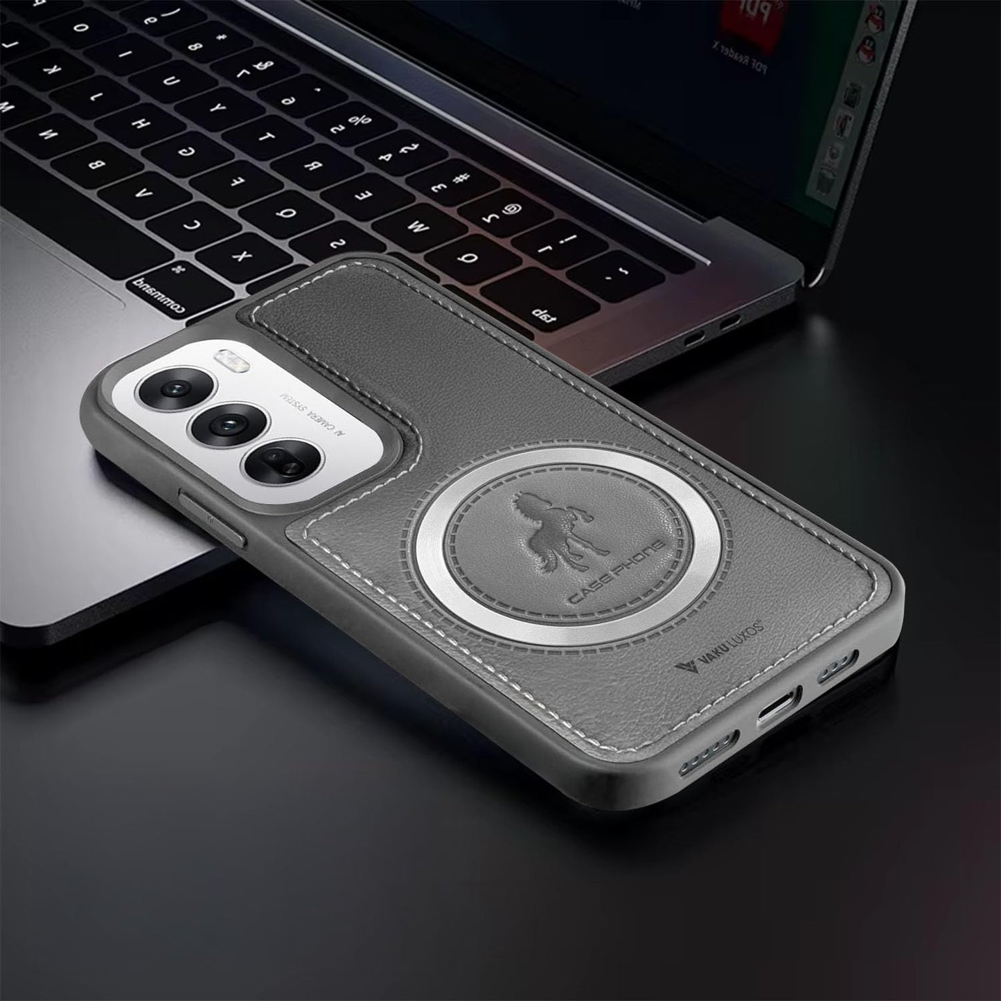 Vaku Luxos® Astrid Back Cover Case for Oppo Reno12 5G Leather Stitched Magnetic Magsafe Wireless Charging TPU Phone Case Camera Screen Protector- Grey