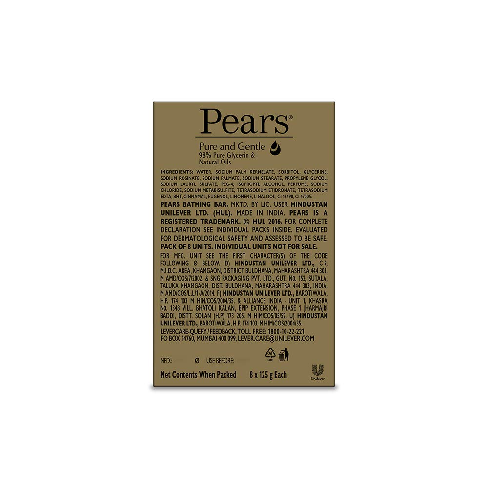 Pears Pure & Gentle Bathing Soap Bar 125 g (Combo Pack of 8) Moisturizing Glycerin Soap for Soft|| Glowing Skin & Body - Paraben Free|| For Men & Women