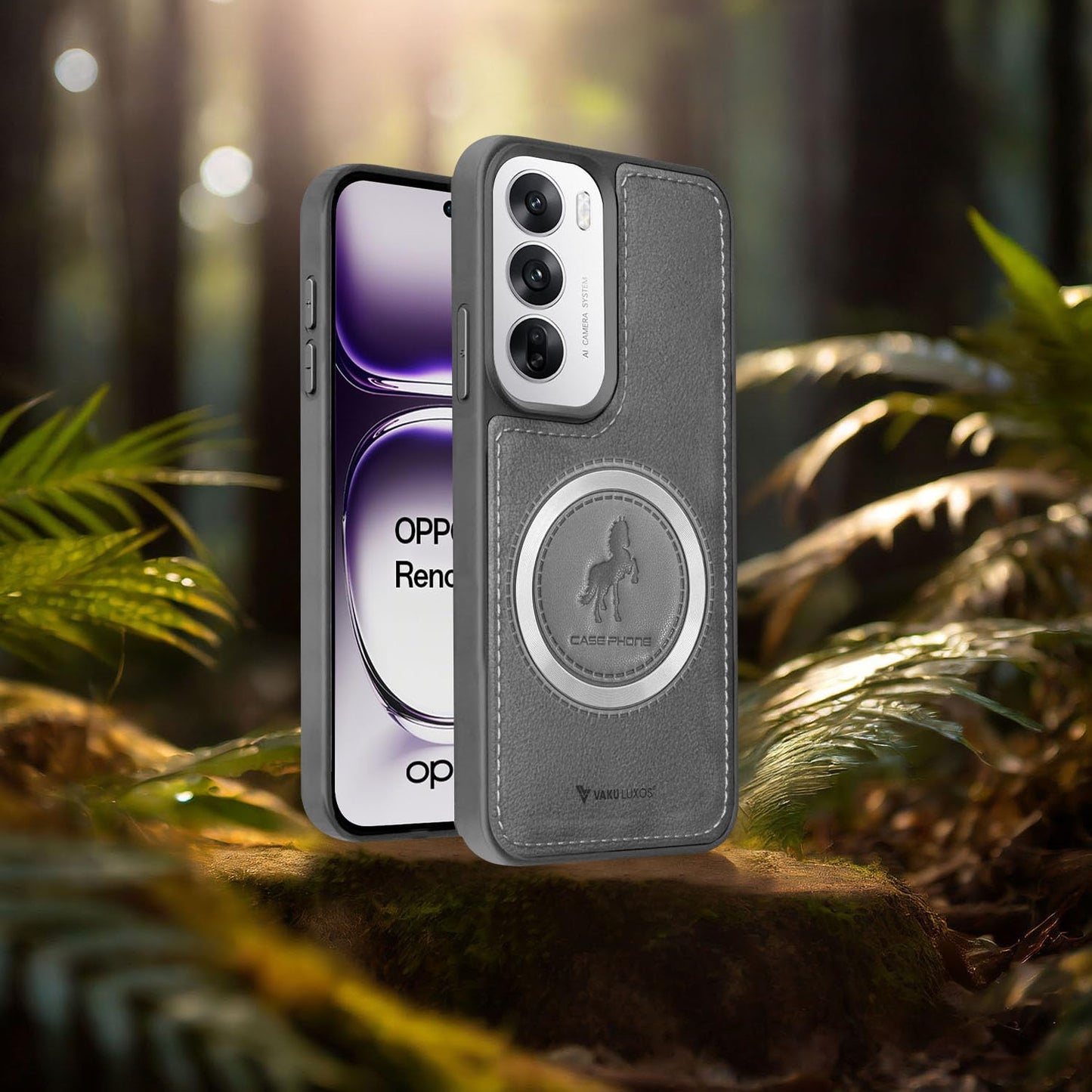 Vaku Luxos® Astrid Back Cover Case for Oppo Reno12 5G Leather Stitched Magnetic Magsafe Wireless Charging TPU Phone Case Camera Screen Protector- Grey