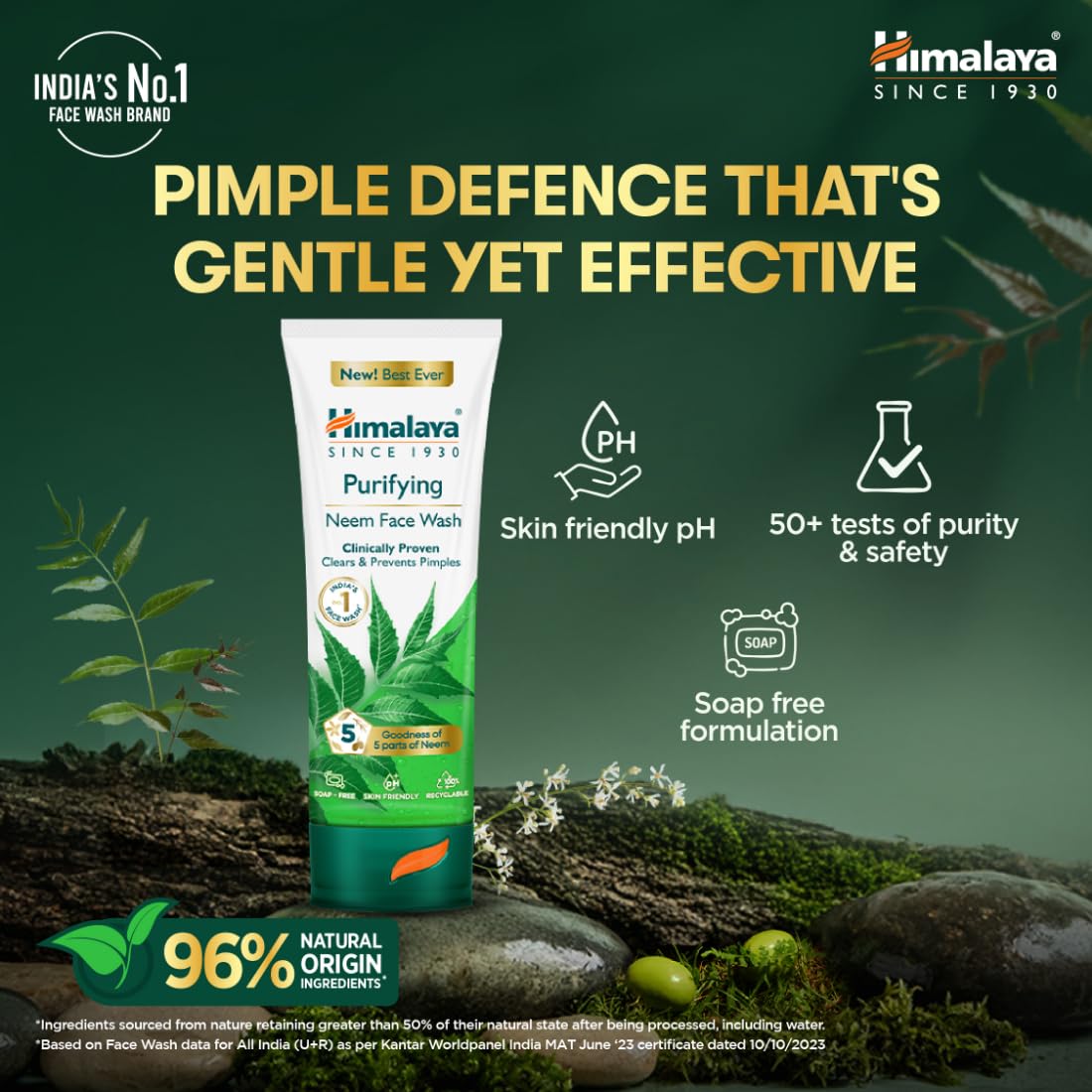Himalaya Purifying Neem Face Wash|Clears and Prevents Pimples & Acne|Made with 5 parts of Neem|New & Best Ever clinically Proven formula|Gently Cleanses|For men and women|150 ml