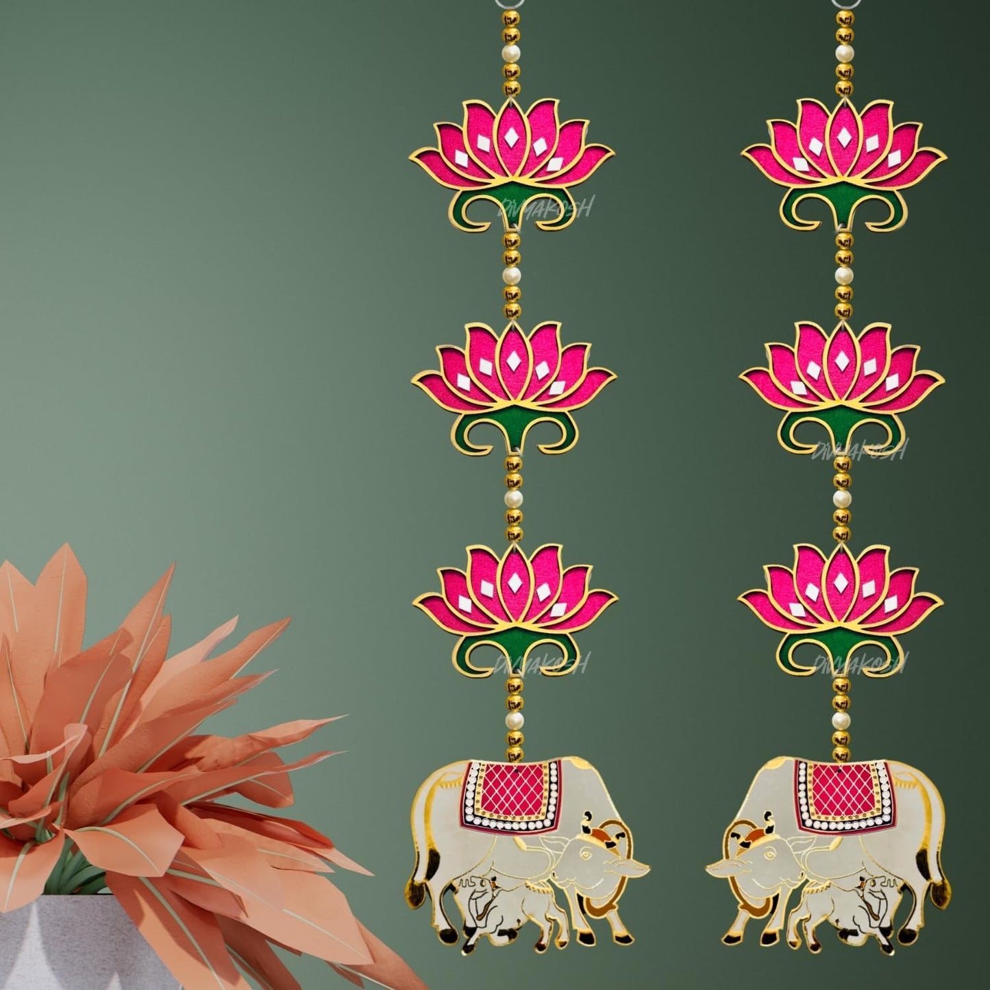 Divyakosh rosewood Door Entrance Hanging, Mandir Door Decorations Items, Pink Lotus with Cowcalf Style Hanging, Ganpati Decor & Diwali Decoration|Door Hanging|2 Pieces|23 Inch |