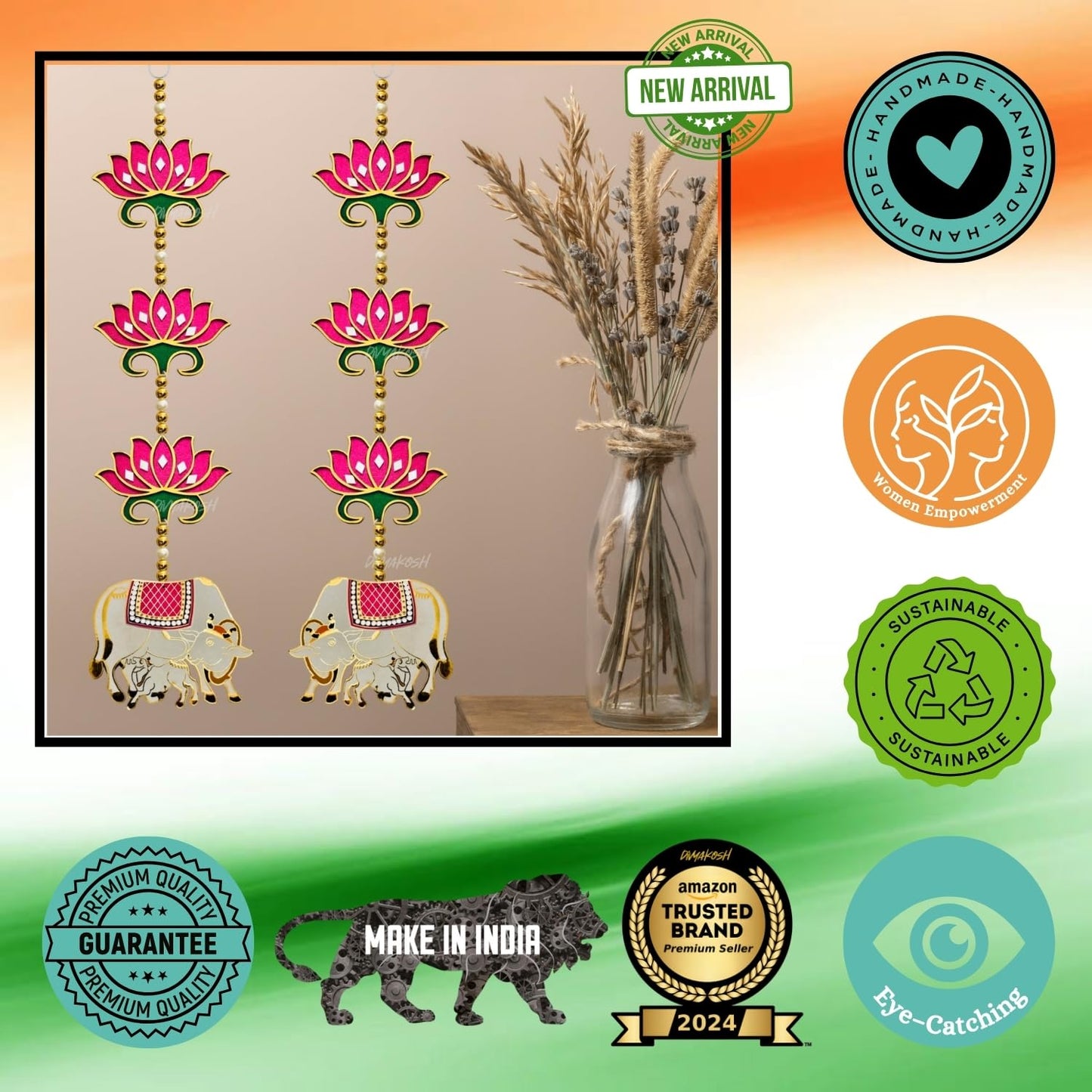 Divyakosh rosewood Door Entrance Hanging, Mandir Door Decorations Items, Pink Lotus with Cowcalf Style Hanging, Ganpati Decor & Diwali Decoration|Door Hanging|2 Pieces|23 Inch |