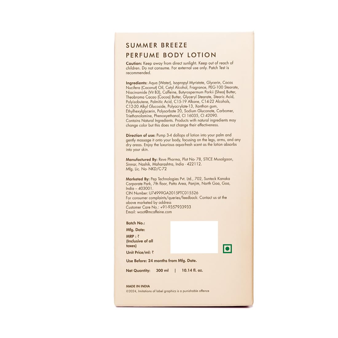 mCaffeine Summer Breeze Perfume Body Lotion| Niacinamide, Cocoa Butter & Shea Butter For Deep Moisturization | Lightweight, Non-Sticky | Aqua-Fresh Beachy Fragrance | Body Lotion For Dry Skin - 300ml