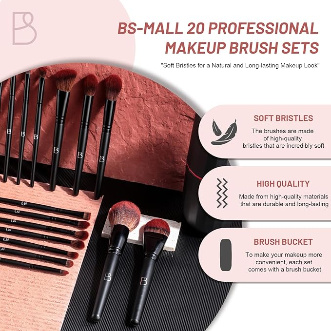 BS-MALL Makeup Brushes Set Professional Foundation Powder Concealers Eye shadows Blush Synthetic Makeup Brushes with Black case 20 Pcs