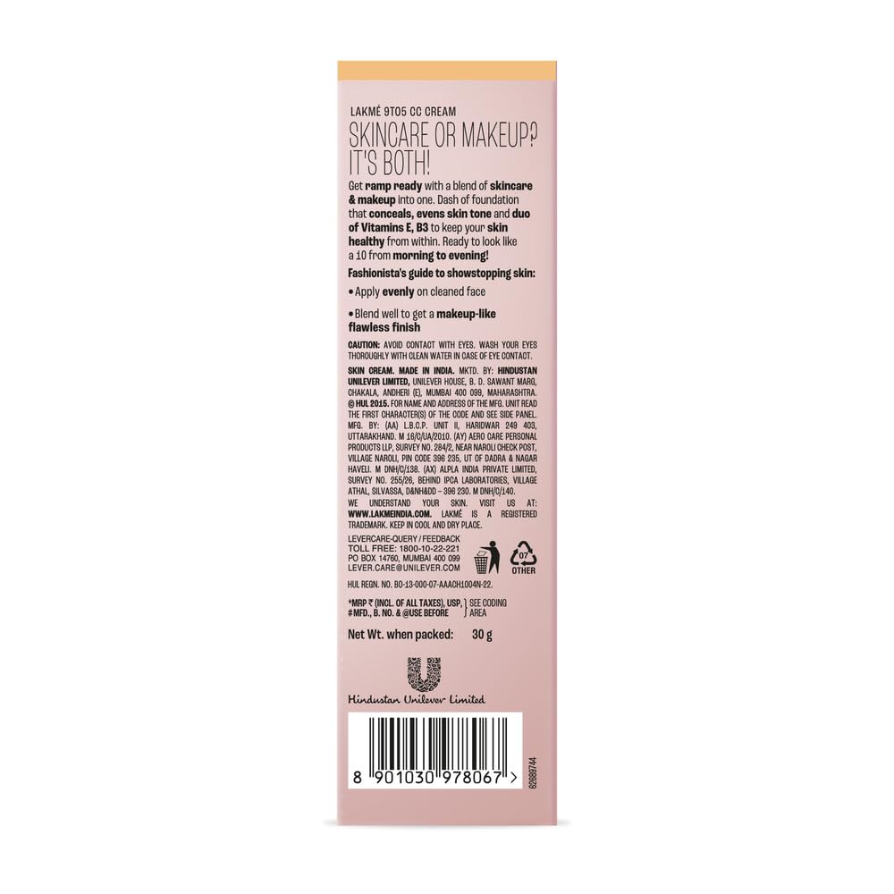 Lakme 9 to 5 CC Cream, 01 - Beige, Light Face Makeup with Natural Coverage, SPF 30 - Tinted Moisturizer to Brighten Skin, Conceal Dark Spots, 30 g