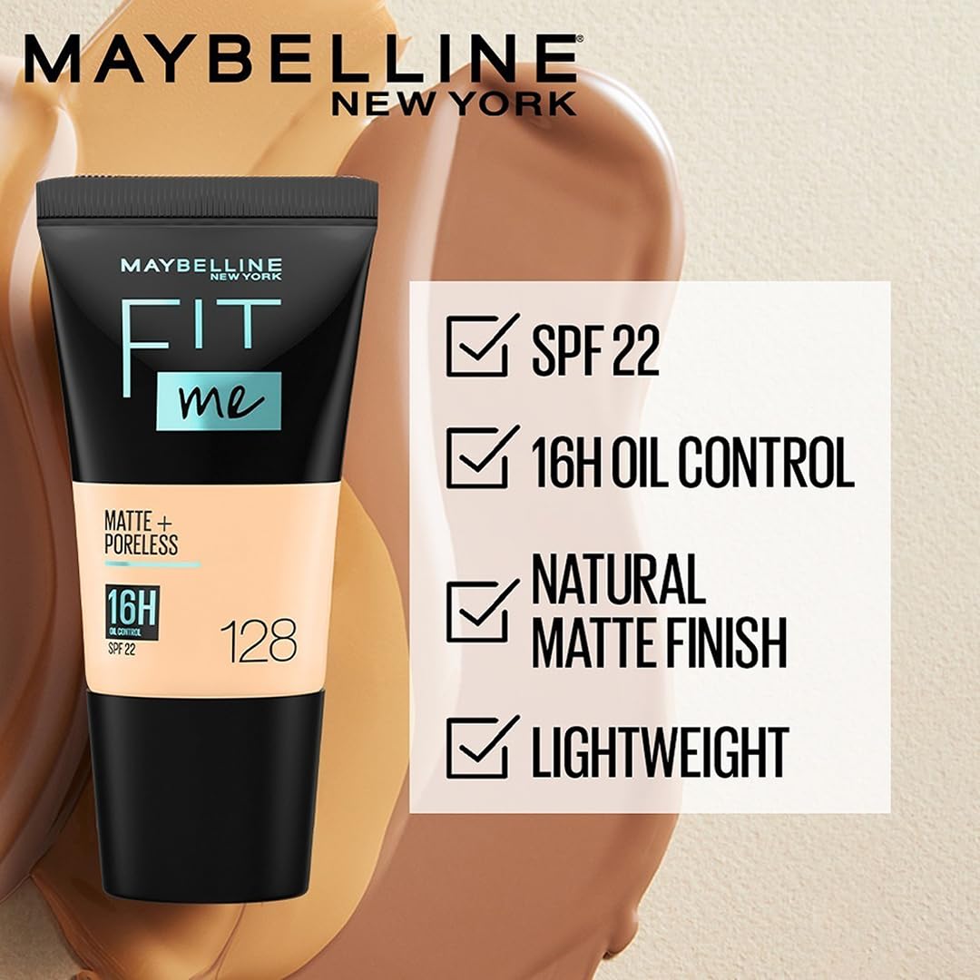 Maybelline New York Liquid Foundation, Matte & Poreless, Full Coverage Blendable Normal to Oily Skin, Fit Me, 128 Warm Nude, 18 ml
