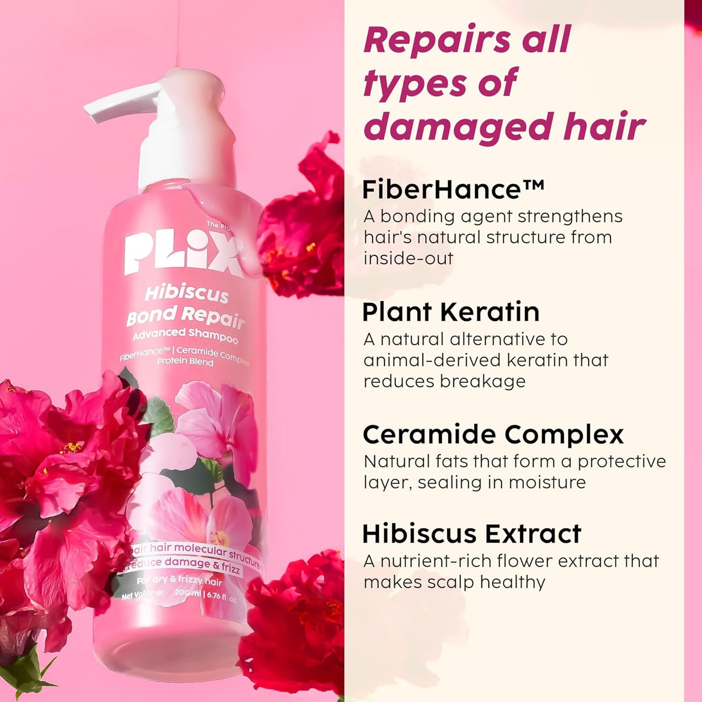 PLIX - THE PLANT FIX Hibiscus Frizz Control Hair Serum 50ml + Bond Repair Shampoo 200ml + Conditioner 175ml | Protects & Smoothes Frizzy Hair| 3x Strength with Fiberhance