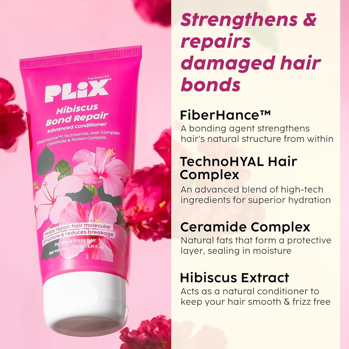 PLIX - THE PLANT FIX Hibiscus Frizz Control Hair Serum 50ml + Bond Repair Shampoo 200ml + Conditioner 175ml | Protects & Smoothes Frizzy Hair| 3x Strength with Fiberhance