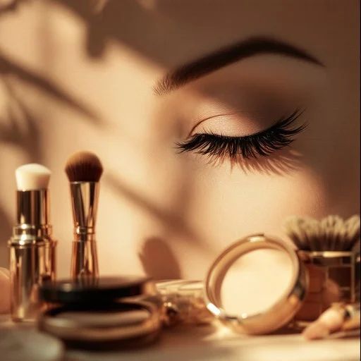 Close-up of a woman's eye with lashes, surrounded by makeup brushes and beauty products in a cozy setting.