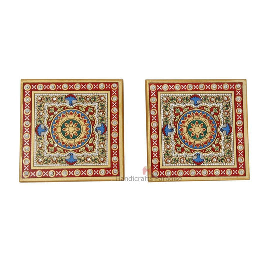 Handicrafts Paradise (4 x 4 inch, Set of 2Pc) Intricate Floral Painted Marble Chowki (Multicolour) Idols Statues Pratima, Bajot for God, Home Mandir, Home Décor Showpiece