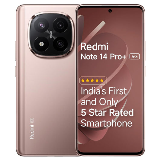 Redmi Note 14 Pro+ 5G in Champagne Gold showcasing 50 MP camera and 5-star rating.