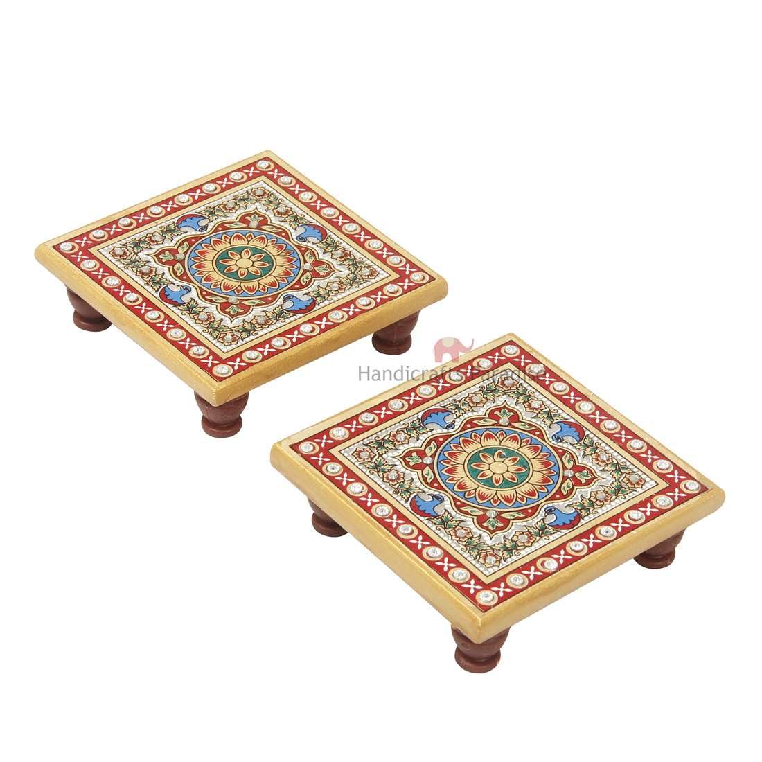 Handicrafts Paradise (4 x 4 inch, Set of 2Pc) Intricate Floral Painted Marble Chowki (Multicolour) Idols Statues Pratima, Bajot for God, Home Mandir, Home Décor Showpiece