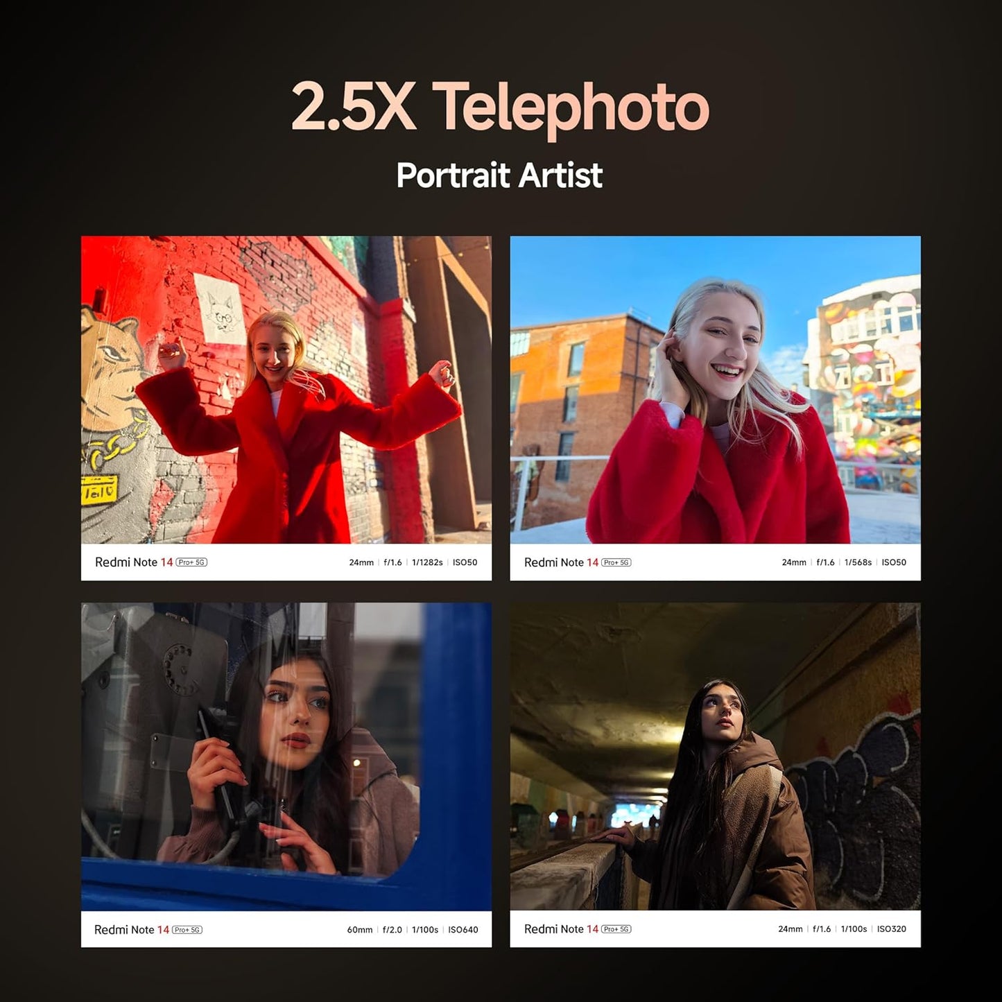 Collage of portrait shots taken with Redmi Note 14 Pro+ 5G featuring 2.5X telephoto zoom.