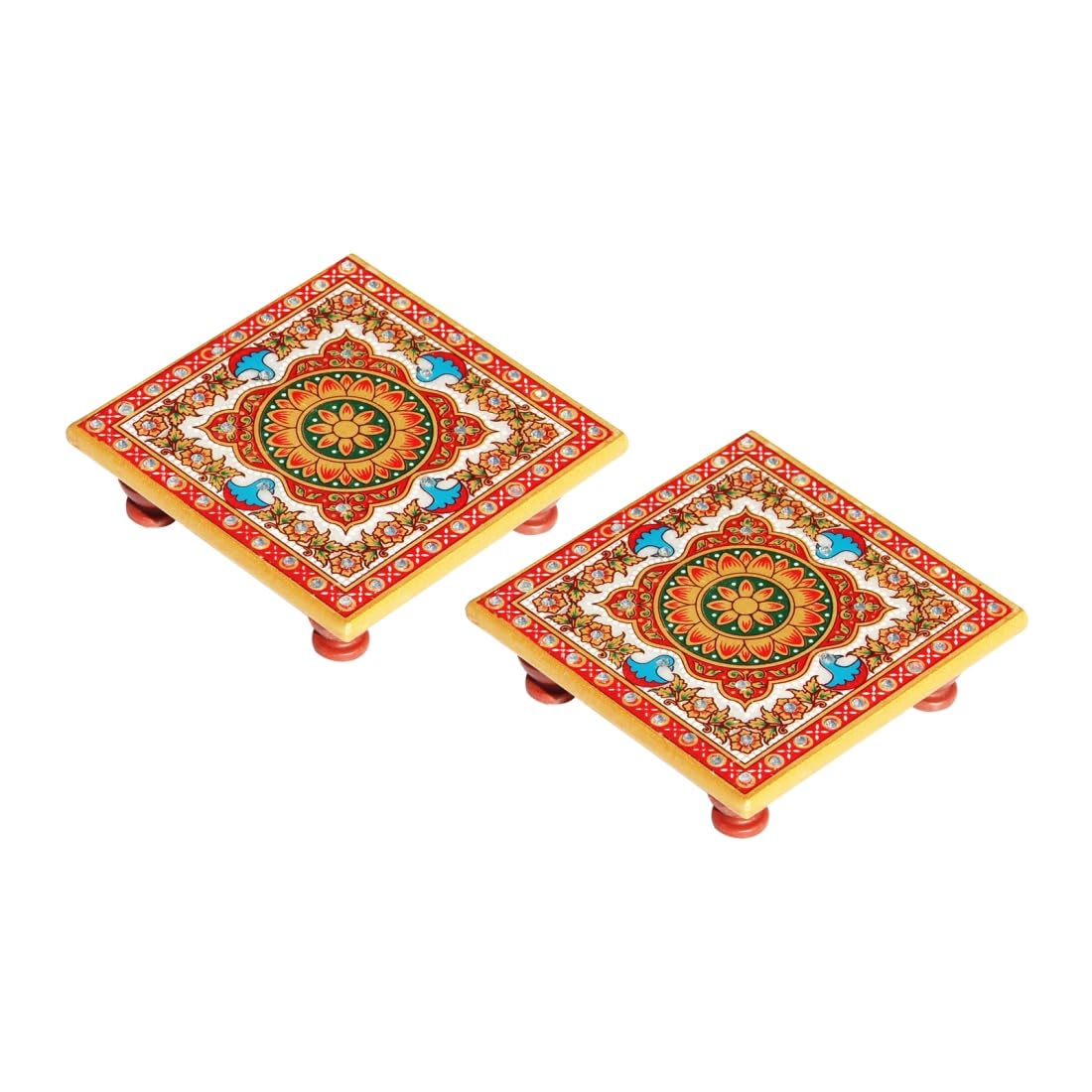 Handicrafts Paradise (4 x 4 inch, Set of 2Pc) Intricate Floral Painted Marble Chowki (Multicolour) Idols Statues Pratima, Bajot for God, Home Mandir, Home Décor Showpiece