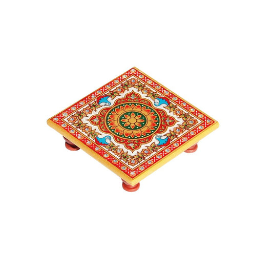 Handicrafts Paradise (4 x 4 inch, Set of 2Pc) Intricate Floral Painted Marble Chowki (Multicolour) Idols Statues Pratima, Bajot for God, Home Mandir, Home Décor Showpiece