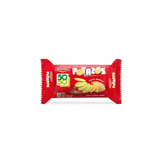 Britannia 5050 Potazos Masti Masala Spicy Flavoured Crisps | 71.5 gm | Potato and Biscuit ka tasty combination