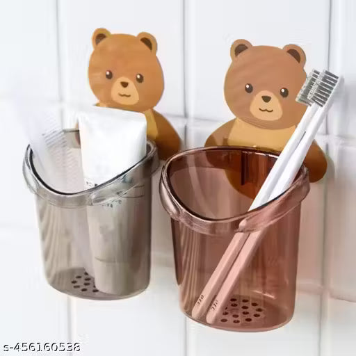 Toothbrush Holder, Plastic Brush Holder 2 Pcs Set, Self Adhesive Toothbrush Holder for Bathroom Wall, Tooth Brush Stand Storage Toothbrush, Toothpaste, Teddy Bear Shaped (Multicolor)