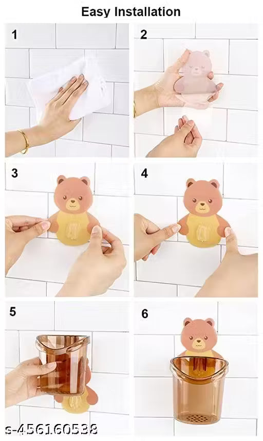 Toothbrush Holder, Plastic Brush Holder 2 Pcs Set, Self Adhesive Toothbrush Holder for Bathroom Wall, Tooth Brush Stand Storage Toothbrush, Toothpaste, Teddy Bear Shaped (Multicolor)