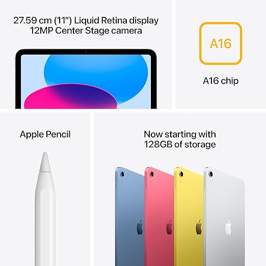 Apple iPad 11″: A16 chip, 27.69 cm (11″) Model, Liquid Retina Display, 128GB, Wi-Fi 6, 12MP Front/12MP Back Camera, Touch ID, All-Day Battery Life — Blue