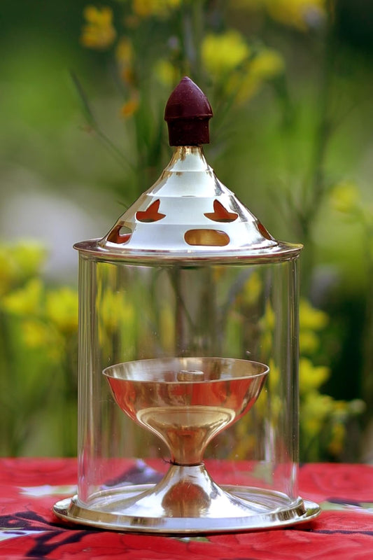 Heaven Decor Brass and Glass akhand deep Diya with Cover for Puja | Deepam Jyot Diya Oil Lamp | Pooja Articles and Pooja Items for Home Temple 4.8 inch