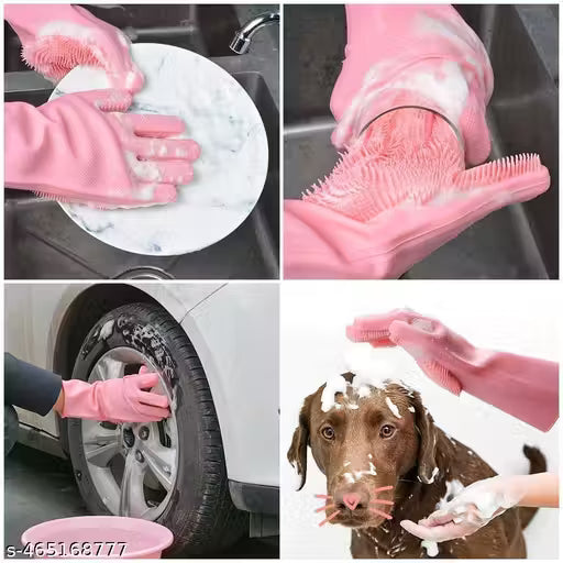 Gloves Magic Silicone Dish Washing Gloves, Silicon Cleaning Gloves, Silicon Hand Gloves for Kitchen Dishwashing and Pet Grooming, Great for Washing Dish, Car, Bathroom (Multicolour, Pack of 1)