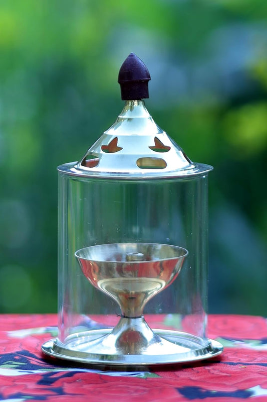 Heaven Decor Brass and Glass akhand deep Diya with Cover for Puja | Deepam Jyot Diya Oil Lamp | Pooja Articles and Pooja Items for Home Temple 4.8 inch