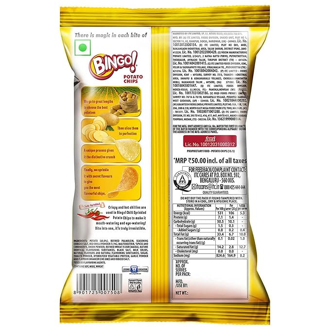 Bingo! Original Style Chilli Sprinkled - Flat Cut Spicy Potato Chips Pack for Snacks, 90g/85gram(Weight may vary)