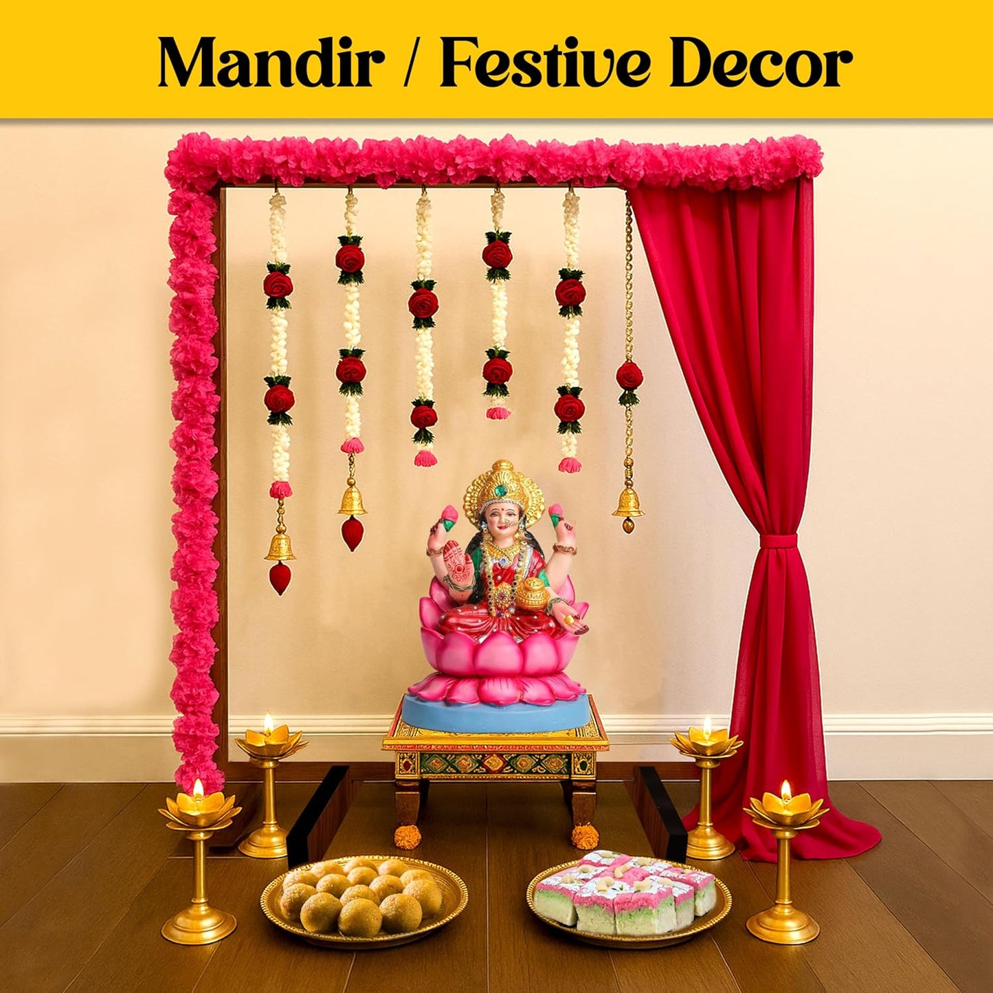 SOLOBOLO Mandir Foldable Backdrop Stand for Ganpati ,Navratri,Durga Pooja,Ideal for Home Mandir and Office as Backdrop Frame, Festival Decoration Item (24x18 inch)