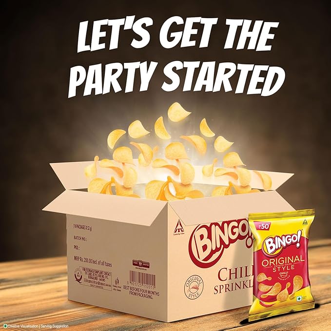 Bingo! Original Style Chilli Sprinkled - Flat Cut Spicy Potato Chips Pack for Snacks, 90g/85gram(Weight may vary)