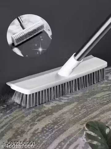 Plastic Multifunctional Bathroom Cleaning Brush with Wiper 2 in 1 Tiles Cleaning Brush Floor Scrub Bathroom Brush with Long Handle (2 In 1 Bathroom Cleaning Brush, White)
