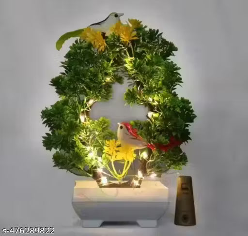Artificial Bonsai Plant, 2 Sparrow with LED Light| Pot for Office, Room Decor Bonsai Artificial Plant with Pot (23.5 cm Yellow, Green)