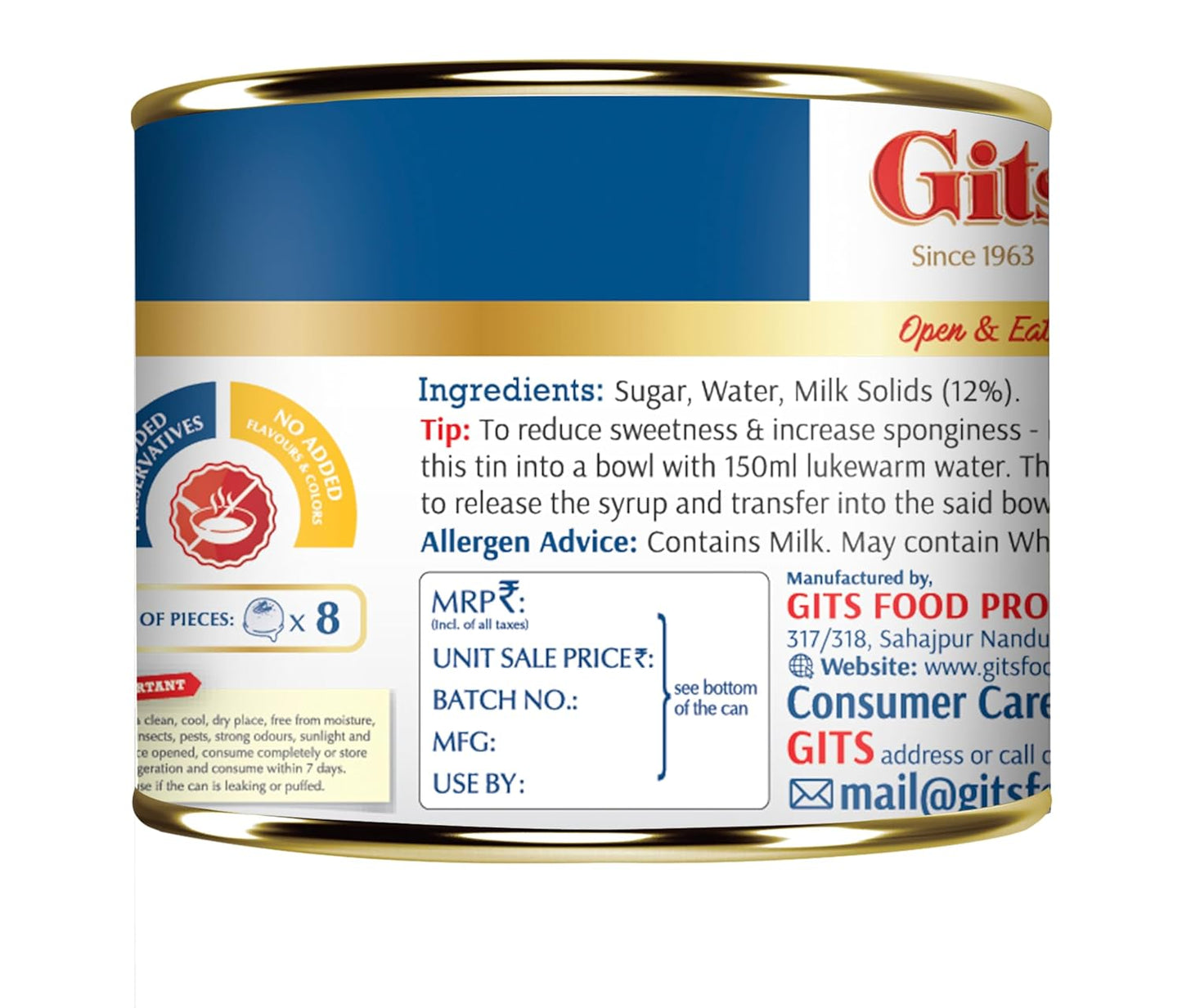 Gits MiNi Rasgulla Open & Eat Tin 200 gms | 8 pieces | Small Pack | Quick Sweet Cravings