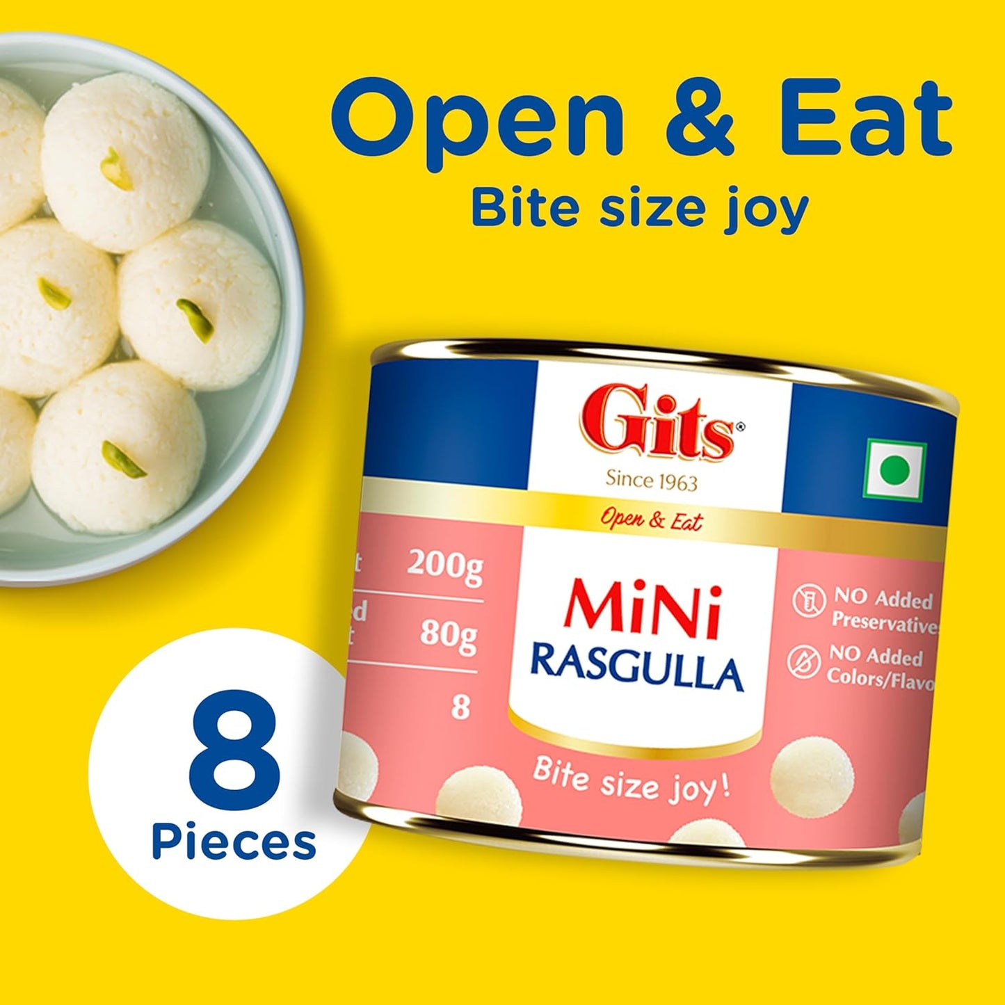 Gits MiNi Rasgulla Open & Eat Tin 200 gms | 8 pieces | Small Pack | Quick Sweet Cravings