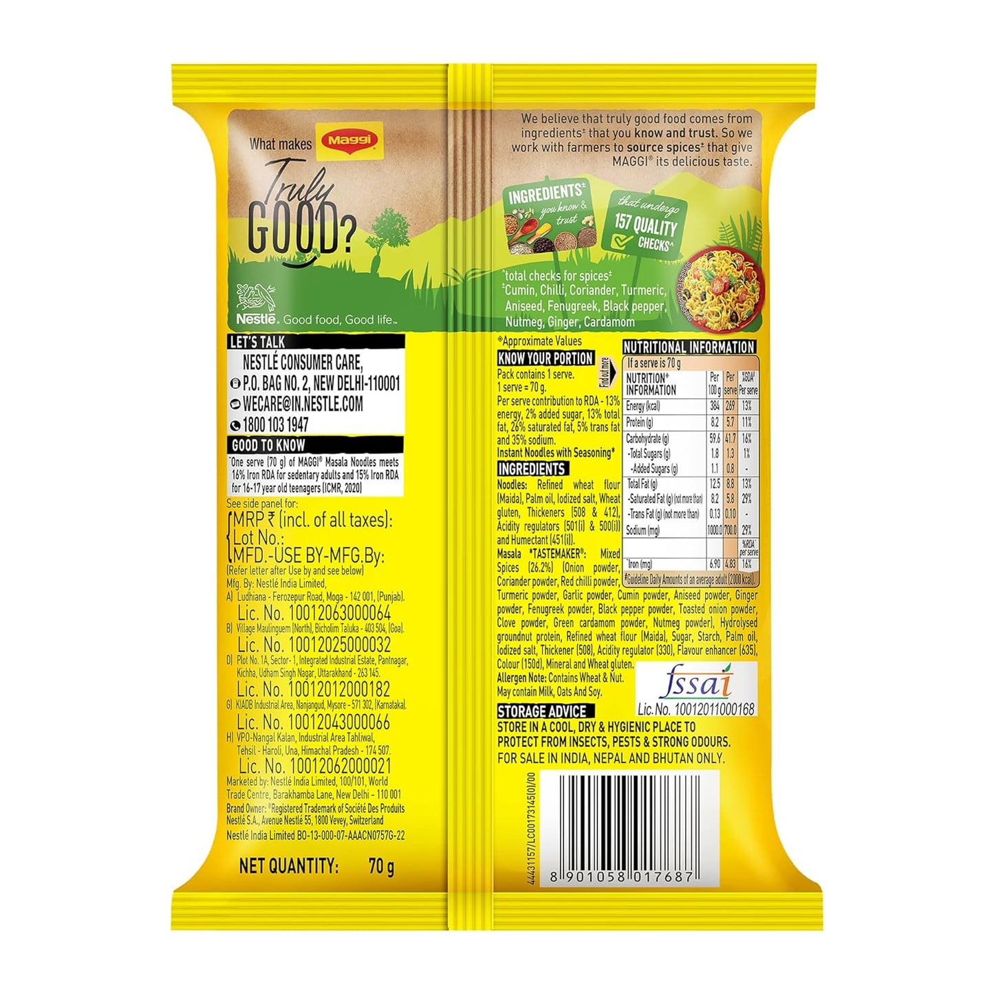 MAGGI 2-Minute Instant Noodles,Masala Noodles With Goodness Of Iron,Made With Choicest Quality Spices,Favourite Masala Taste, 70g Pouch.