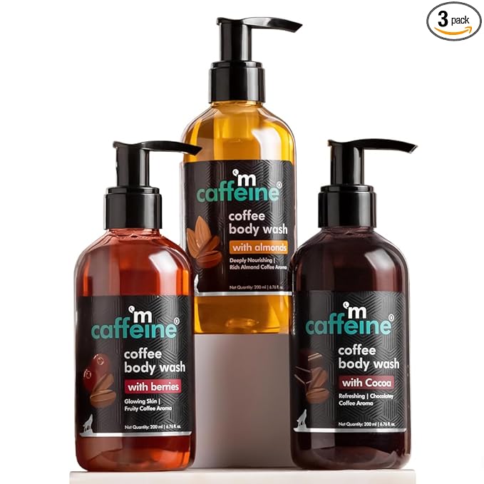 mCaffeine Coffee Body Washes for Men & Women| For Tan Removal & Deep Cleansing | Assorted Value Pack Combo | Contains 3 Shower Gels in Energizing Aroma of Berry, Almond & Cocoa | Pack of 3 | 600ml